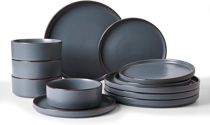 Famiware Nebula Ridge Stoneware Dinnerware Sets, Plates and Bowls Sets for 4, 12 Pieces Dishes Set, Microwave and Dishwasher Safe Kitchen Plates, Charcoal