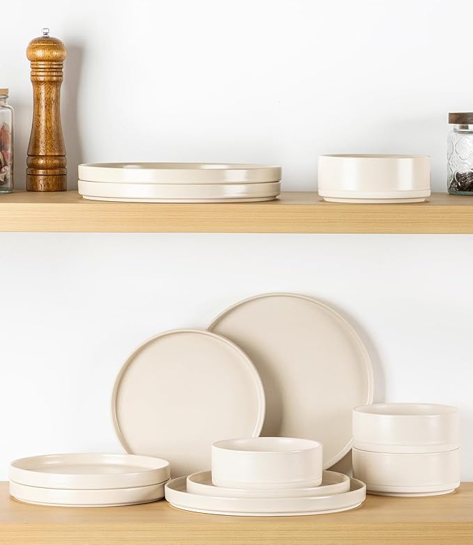 TheTerra Ceramic Dinnerware Sets for 4, 12 Pieces Handmade Reactive Glaze Plates and Bowls Set, Scratch Resistant Dish Set, Oven & Microwave & Dishwasher Safe, Matte White