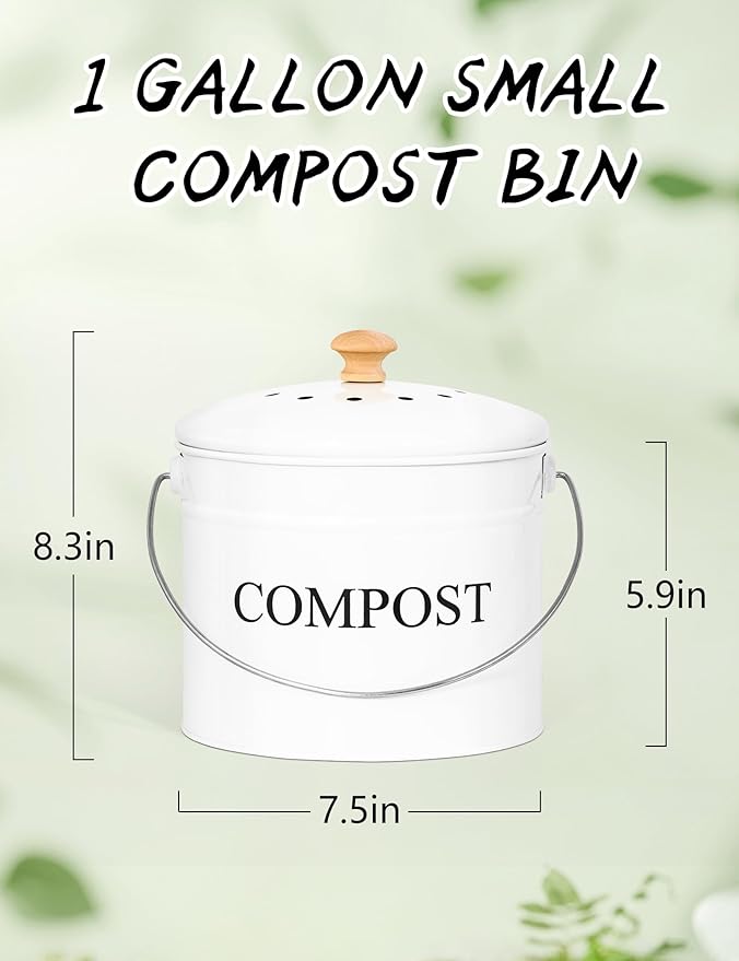 Compost Bin - 1 Gallon Countertop Composter with Lid, Charcoal Filters, Rust Proof Indoor Food Waste Bin