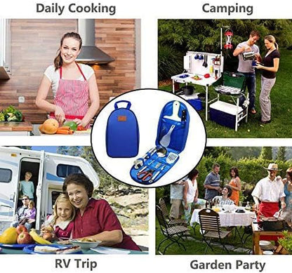 Camp Kitchen Utensil Organizer Travel Set Portable BBQ Camping Cookware Stainless Steel Utensils Travel Kit Outdoor Equipment Cutting Board Tongs Scissors Knife Ladle Spatula