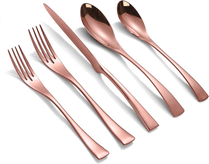 Lemeya 20-Piece Rose Gold Silverware Set for 4,Heavy Duty 18/10 Stainless Steel Cutlery Set with Forged Stand Knife,Modern Flatware Utensils Set,Forks Spoons and Knives Set,Dishwasher Safe