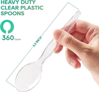 FOCUSLINE 360 Count 6.2 Inch Clear Plastic Spoons Heavy Duty, Solid and Durable Premium Disposable Spoons Bulk, Suitable for Catering, Parties, Events and Everyday Use