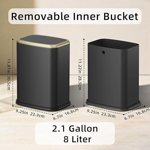 8L/2.1 Gallon Small Bathroom Trash Can with Lid, Swing-Top Rectangular Waste Bin, Stainless Steel Garbage Can for Home, Office, Toilet, Bedroom, Living-Room (Black)
