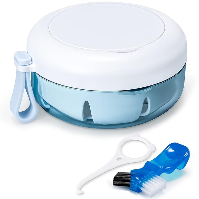 Leak Proof Denture Cup Kit Portable Retainer Case Perfect for Travel, Denture Case Container Cleaning Care for Dentures Aligner Mouth Guard with Denture Brush,Strainer, Removal Tool and Mirror