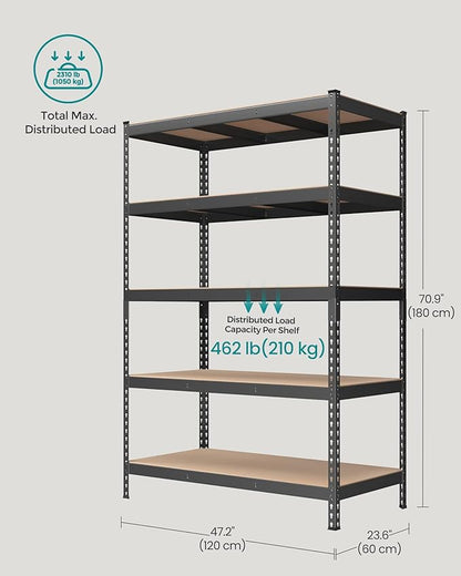 SONGMICS 5-Tier Storage Shelves, Load 2310 lb, Set of 2 Garage Storage, Boltless Assembly, Adjustable Shelving Unit, 23.6 x 47.2 x 70.9 Inches, for Study Shed Basement, Gray UGLR600G02