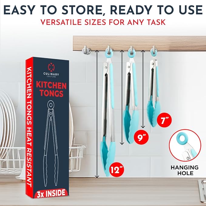 Kitchen Tongs for Cooking with Silicone Tips, Heat Resistant Tongs for Serving Food, 7-Inch, 9-Inch, 12-Inch Locking Silicone Tong, Set of 3 Salad Tong, Aqua Kitchen Utensils