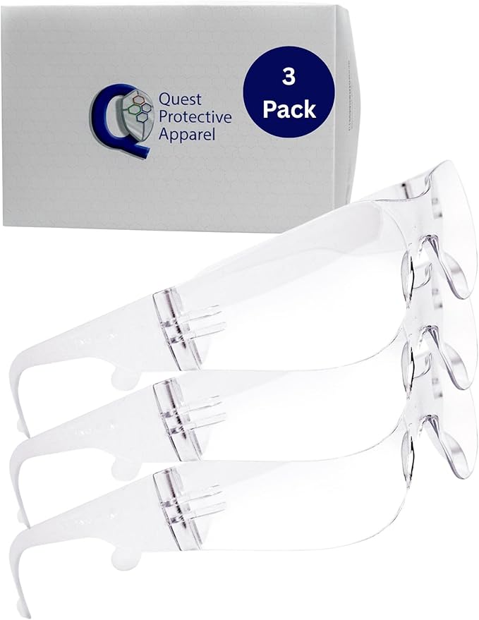Quest Protective Apparel Safety Glasses for Men and Women - Anti Fog Safety Goggles for Shooting, Lab, or Construction – Polycarbonate Eye Protection [Clear & Pack of 3]