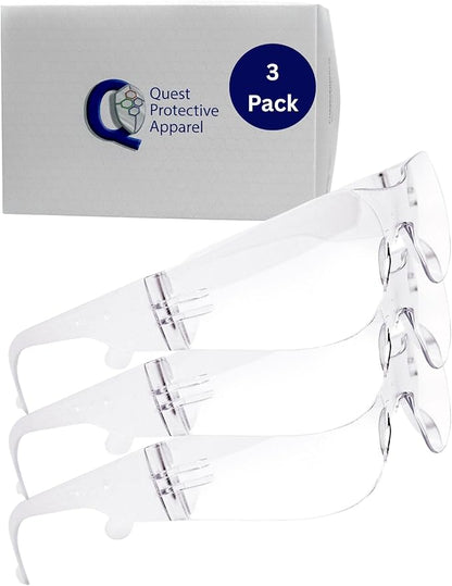 Quest Protective Apparel Safety Glasses for Men and Women - Anti Fog Safety Goggles for Shooting, Lab, or Construction – Polycarbonate Eye Protection [Clear & Pack of 3]