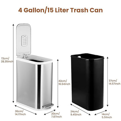 BETHEBEST 4 Gallon/15 Liter Trash Can with Soft Close Lid,Stainless Steel Garbage Can with Removable Inner Bucket,Step Pedal Trash Can for Bathroom,Bedroom,Kitchen