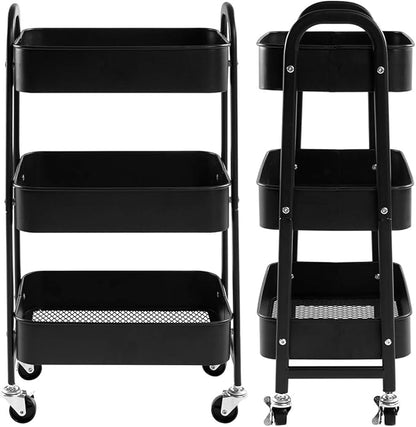 AGTEK Makeup Cart, Movable Rolling Organizer Cart, Black 3 Tier Metal Utility Cart