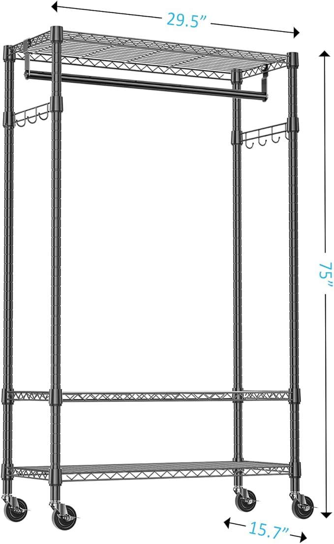 IZEUK Heavy Duty Rolling Garment Rack with 3 Adjustable Wire Shelves, Hanging Rod & Side Hooks - Mobile Clothes Rack with Wheels, 29.5" W x 15.7" D x 75" H, Black