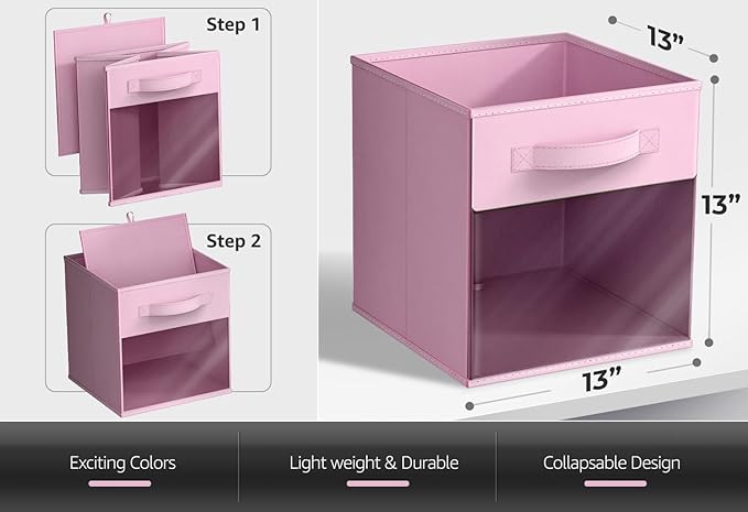 Sorbus 13 Inch Storage Bins with Clear Window - 6 Foldable Baskets for Organizing Clothes, Toys, Books - Sturdy Collapsible Fabric Storage Cubes with Handle - Storage Baskets for Shelves, Closets