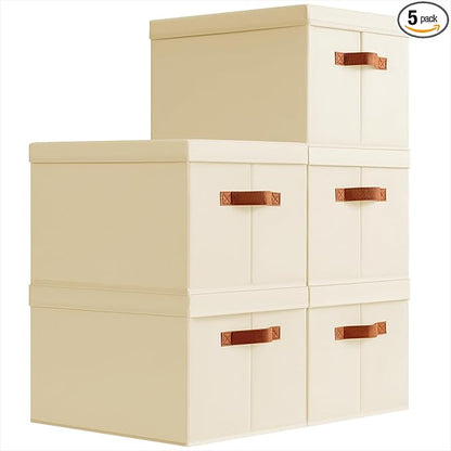 Storage Bins with Lids - Large Fabric Closet Bins with Lid, 5 Pack Clothes Organizers and Storage, Collapsible Stackable Cube Basket for Home, Office, Dorm, Beige