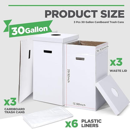 3 Pcs Cardboard Trash Cans with Lid Disposable and Reusable Corrugated Cardboard Trash Cans Recycling Bins Bulk with 6 Garbage Bags White Rubbish Boxes for Parties Events(30 Gallon)
