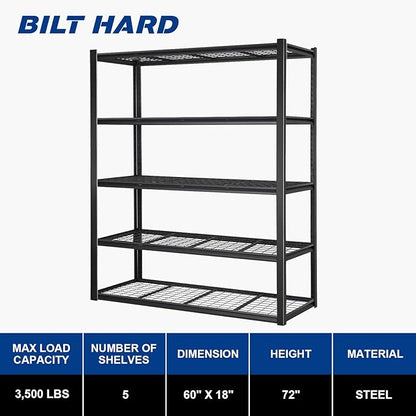 BILT HARD 3500 LBS 60" W x 18" D Garage Shelving, 72" H Heavy Duty Storage Shelves, Metal Wire Utility Shelving Units with Adjustable Shelf, Ideal for Garage, Black