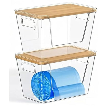 Trash Bag Holders with Bamboo Lids 2 Pack, Garbage Bag Dispenser with Lid, Open Front Stackable Storage Bins, Storage Container for Kitchen, Laundry Organization, Kitchen, Pantry,Under-Sink