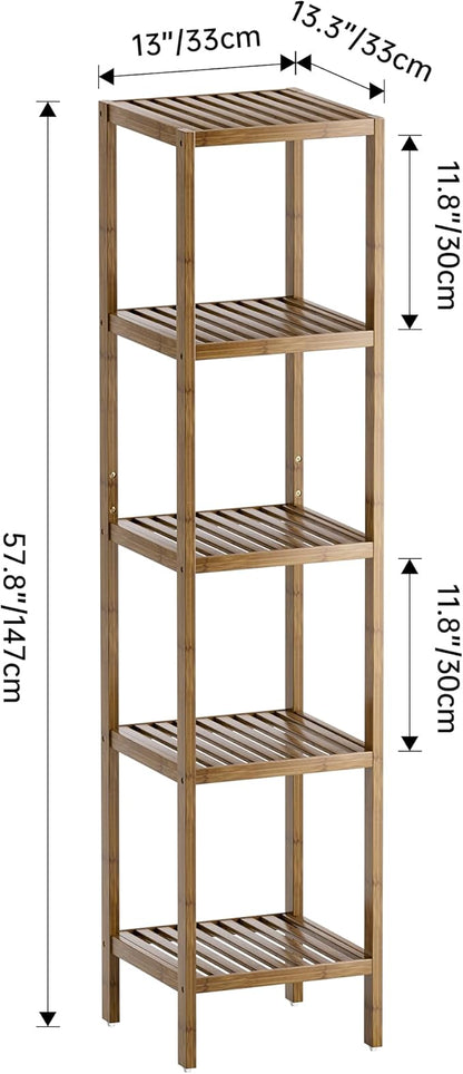 SMIBUY Bathroom Storage Shelf, 5-Tier Bamboo Rack Organizer, Multifunctional Shelving Unit for Living Room Bedroom Kitchen (Walnut)