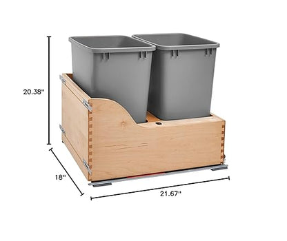 Rev-A-Shelf Pullout Trash Cans for Kitchen Cabinet, Dual 35 Qt Bins with 18" Wood Frame - Large Garbage Bin Containers for Home Waste Storage and Recycling
