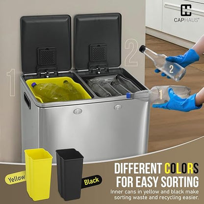 CAPHAUS Dual Trash Can with Double Lid, Trash and Recycle Bins Combo, Hands-free Stainless-Steel Garbage Can for Kitchen, with 2 Compartment, Hinged Lid, Odor Filters, Handles, 25L+25L, 2 x 6.6 Gallon