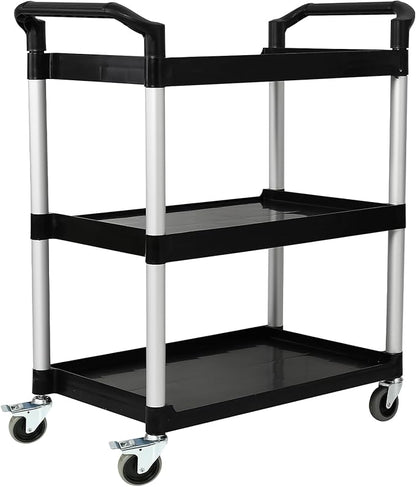 3-Tier Utility Rolling Cart with Wheels, Durable Catering carts with Wheels, Rolling Storage Cart for Hotel Canteen Resturant Office (Black, 34.4" D x 16.5" W x 37.7" H)