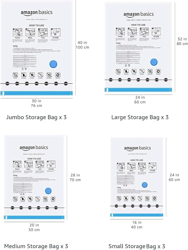 Amazon Basics Vacuum Compression Space Saving Storage Bags with Hand Pump for Travel, Multiple Sizes for Clothes and Blankets, Clear, 12 Pack (3 Small, 3 Medium, 3 Large & 3 Jumbo)
