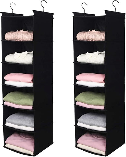 MAX Houser 6 Tier Shelf Hanging Closet Organizer, Closet Hanging Shelf with 2 Sturdy Hooks for Storage, 2 Pack, Foldable (Black)