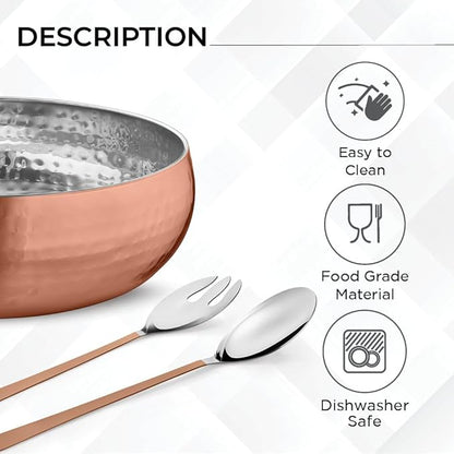 Avador® Set of 3 Premium Stainless Steel Salad Mixing Bowl Hammered Finish | Handmade | Includes Salad Serving Utensils (Copper Plated)