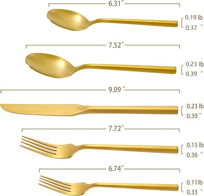 DEACORY Silverware Set Flatware Set Matte Gold Cutlery Set Brushed Brass Heavy Hexagon Handle Stainless Steel 40 Pieces Dishwasher Safe Service for 8