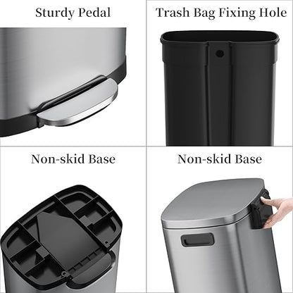 13 Gallon Trash Can with Lid, 50L Fingerprint Proof Stainless Steel Kitchen Trash Can with Removable Inner Bucket and Lid Soft Close, Pedal Rubbish Bin for Home Office（Silver）