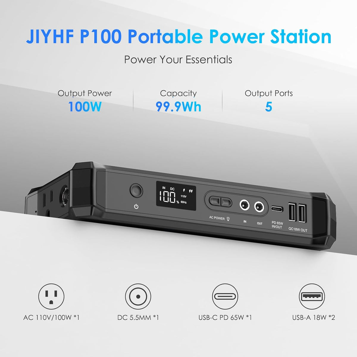 JIYHF Portable Power Bank with AC Outlet - 99.9Wh Laptop Charger & Backup Power, 100W AC + 65W USB-C PD Fast Charging for Travel, Home & Outdoor, Emergency Use(FAA Compliant)