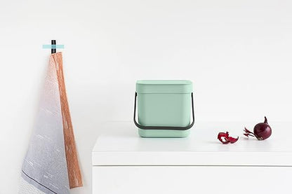 Brabantia Sort & Go Food Trash Can (1.6 Gal/Jade Green) Small Countertop Kitchen Compost Caddy with Handle & Removable Lid, Easy Clean, Fixtures Included for Wall/Cupboard Mounting