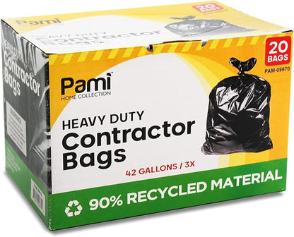 PAMI Heavy Duty 42 Gallon Contractor Garbage Bags, Tear Resistant Construction Bags Made from 90% Recycled Materials (20 Count, Black)