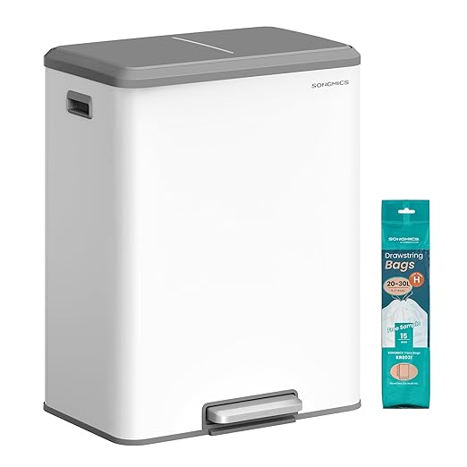 SONGMICS Trash Can, 2 x 8 Gallon (2 x 30 L) Double Garabge Can for Recycling and Waste, Stainless Steel, Soft-Close Lid, Inner Buckets, Wide Sturdy Pedal, Cloud White ULTB556W01
