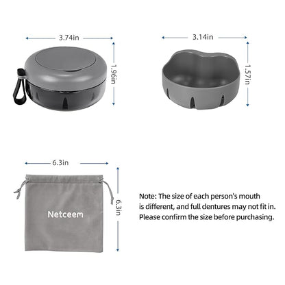 Leak Proof Denture Cup Kit Portable Retainer Case Perfect for Travel, Denture Case Container Cleaning Care for Dentures Aligner Mouth Guard with Denture Brush,Strainer, Removal Tool and Mirror