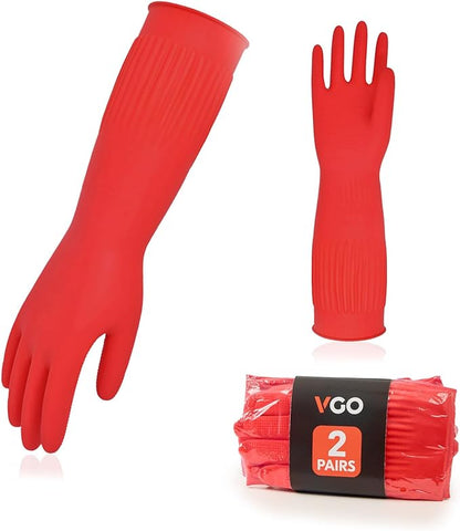 Vgo 2-Pairs Dishwashing Gloves, Reusable Household Gloves, Long Sleeve, Thick Latex, Cleaning, Washing, Working, Painting, Gardening, Pet Care (Size S, Red, RB2143)