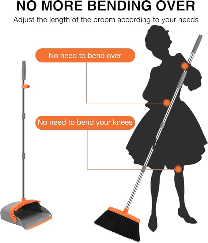 NACENA Broom and Dustpan Set, 52-in Long Adjustable Handle Broom Dustpan Combo with Dustpan Teeth to Automatically Clean Hair Suitable for Home Kitchen Office Hall Floor (Grey&Orange), 2 Pack