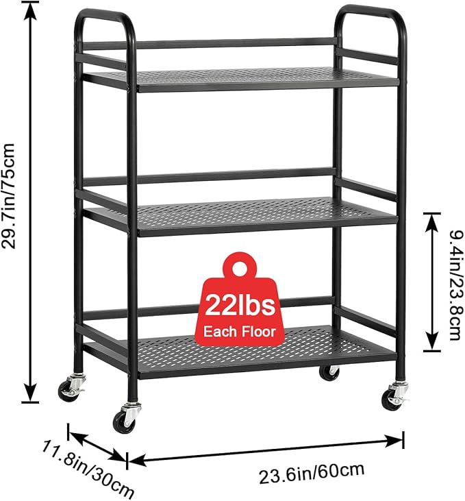 HDANI 3 Tier Metal Rolling Heavy Cart Supports 40 Lbs Per Tier,Rolling Cart with 2 Lockable Wheels for Office,Home,Bedroom,Kitchen,Bathroom(Black)…