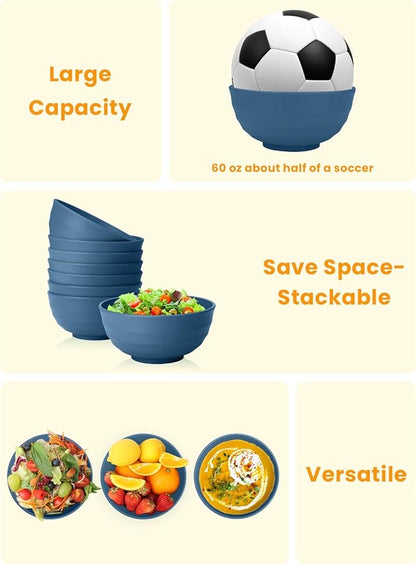Homienly Deep Noodle Bowls Set of 8: 60oz Large Wheat Straw Bowls for Pho, Ramen & Salad, Lightweight & Unbreakable, Microwave Safe for Camping, Cereal & Soup (Blue)