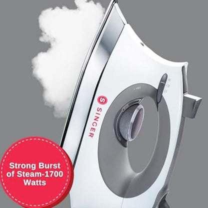 SINGER SteamCraft Steam Iron (1700W) | Steamer with Stainless Steel Plate, OnPoint Precision Tip for Hard-to-Reach Areas, Vertical Steam, Auto Shutoff & 300ml Tank Capacity – White