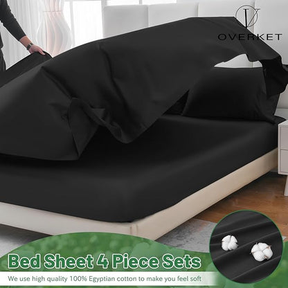 100% Egyptian Cotton Sheets King Size 4PCS 1000 Thread Count Sateen Weave Soft Breathable 16-Inch Deep Pocket （King,Black）