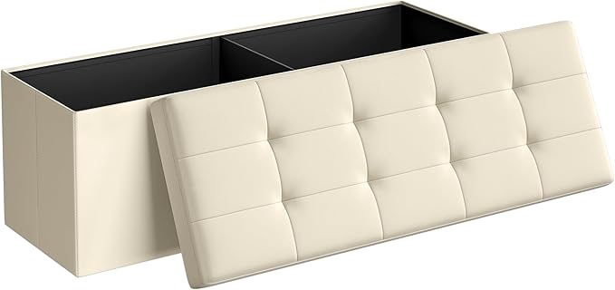 SONGMICS MAZIE Collection - 43 Inches Folding Storage Ottoman Bench, Ottoman Foot Rest, End of Bed Bench, Storage Chest, Load 660 lb, for Living Room, Bedroom, Entryway, Cream White ULSF77BE