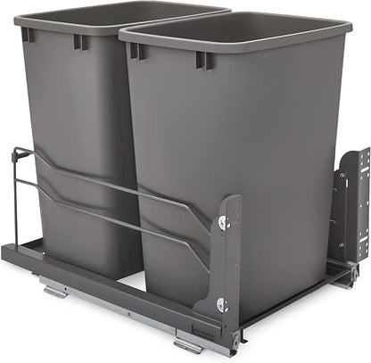 Rev-A-Shelf Double Pullout Trash Cans for Under Kitchen Cabinets 35 Quart 8.75 Gallon with Soft-Close Slides, Orion Gray, 53WC-1835SCDM-213