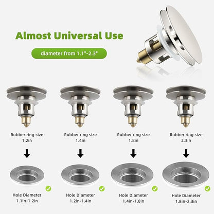 Universal Bathroom Sink Drain Strainer Hair Catcher Upgraded with Removable Stainless Steel Filter Basket, 2 in 1 Pop Up Sink Stopper for 1.1''~2.36'' Sink Basin Hole, Big Cover Cap, Brushed Nickel