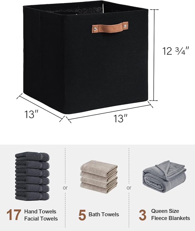 StorageWorks 13x13 Inches Storage Cube, Fabric Storage Bins with PU Handles, Collapsible Organizer Baskets for Closet, Black, 4-Pack