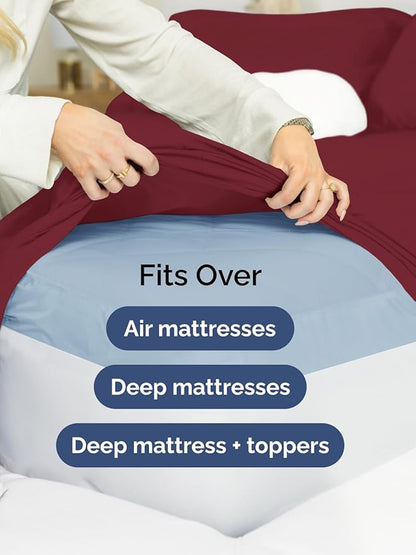 Extra Deep Pocket Queen Sheet Set - 4 Piece Breathable & Cooling Bed Sheets - Hotel Luxury Sheet Set - Soft, Wrinkle Free and Comfy - Easily Fits Extra Deep Mattresses - Deep Pocket Burgundy Sheets