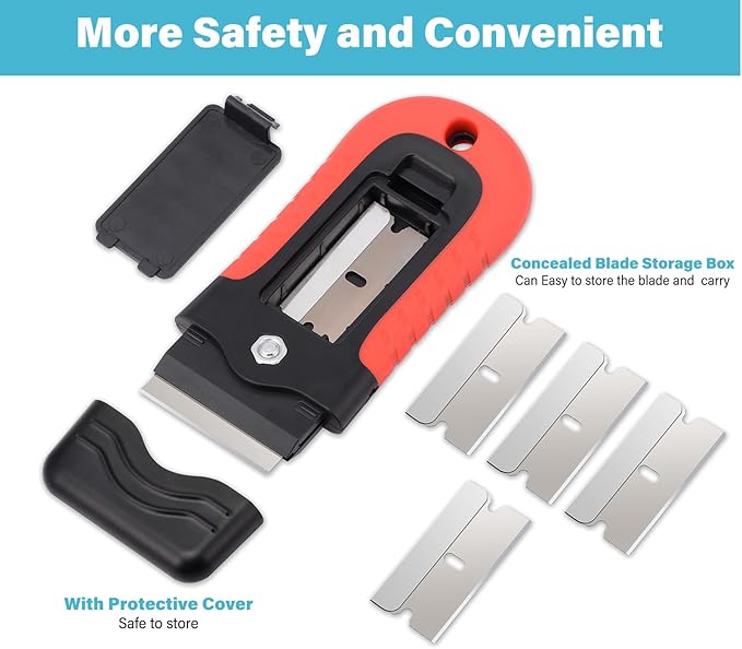 Gomake Razor Blade Scraper Tool with Blade Storage Container, Glass Cooktop Stove Scraper with 10PCS Stainless Steel Blades for Glass Clean,Paint,Old Label,Decal Sticker,Adhesive Remover