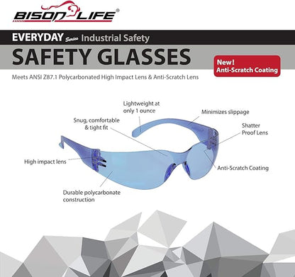 BISON LIFE Safety Glasses - Scratch Resistant Wrap Around Eyewear, Polycarbonate ANSI Z87.1 Impact Resistant Lens