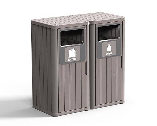 ROJIK 35" Tall Outdoor Trash Can,Weatherproof Resin Garbage Indoor Durable Lightweight,Suitable for Patio Office Kitchen,Easy to Clean,Assemble(Waste&Recycle,Grey)