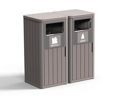 ROJIK 35" Tall Outdoor Trash Can,Weatherproof Resin Garbage Indoor Durable Lightweight,Suitable for Patio Office Kitchen,Easy to Clean,Assemble(Waste&Recycle,Grey)
