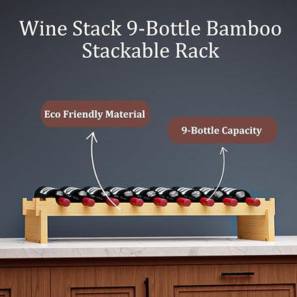9 Bottle Bamboo Stackable Small Wine Rack for Countertop, No Tools Assembly, Durable, Wine and Liquor Bottle Storage for Small Spaces